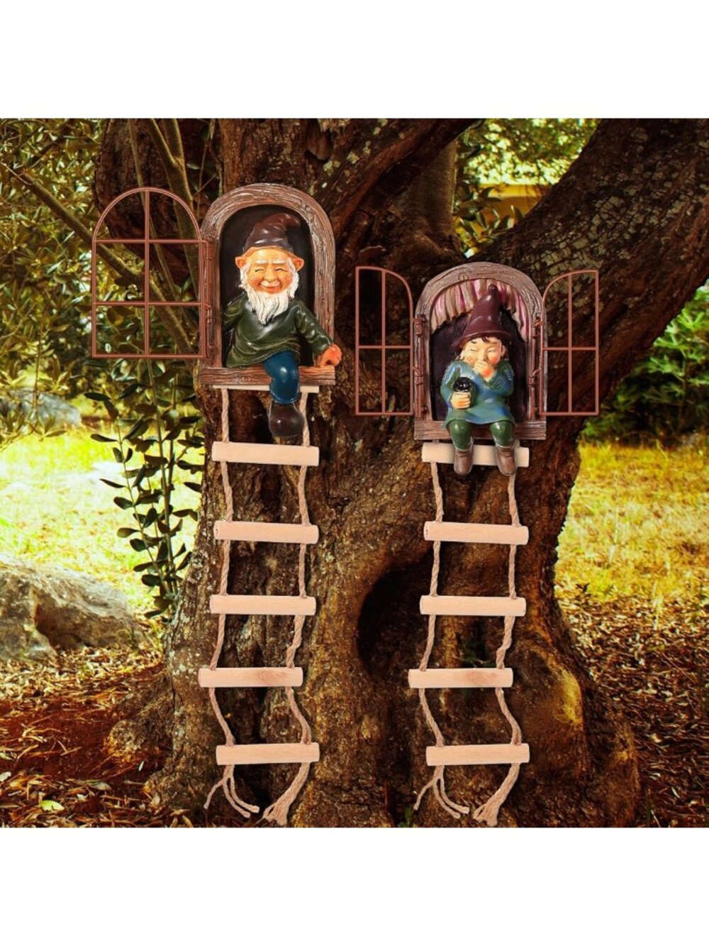 4-Piece Garden Gnome Set - Outdoor Tree Hugger Fairy Statues for Patio & Yard
